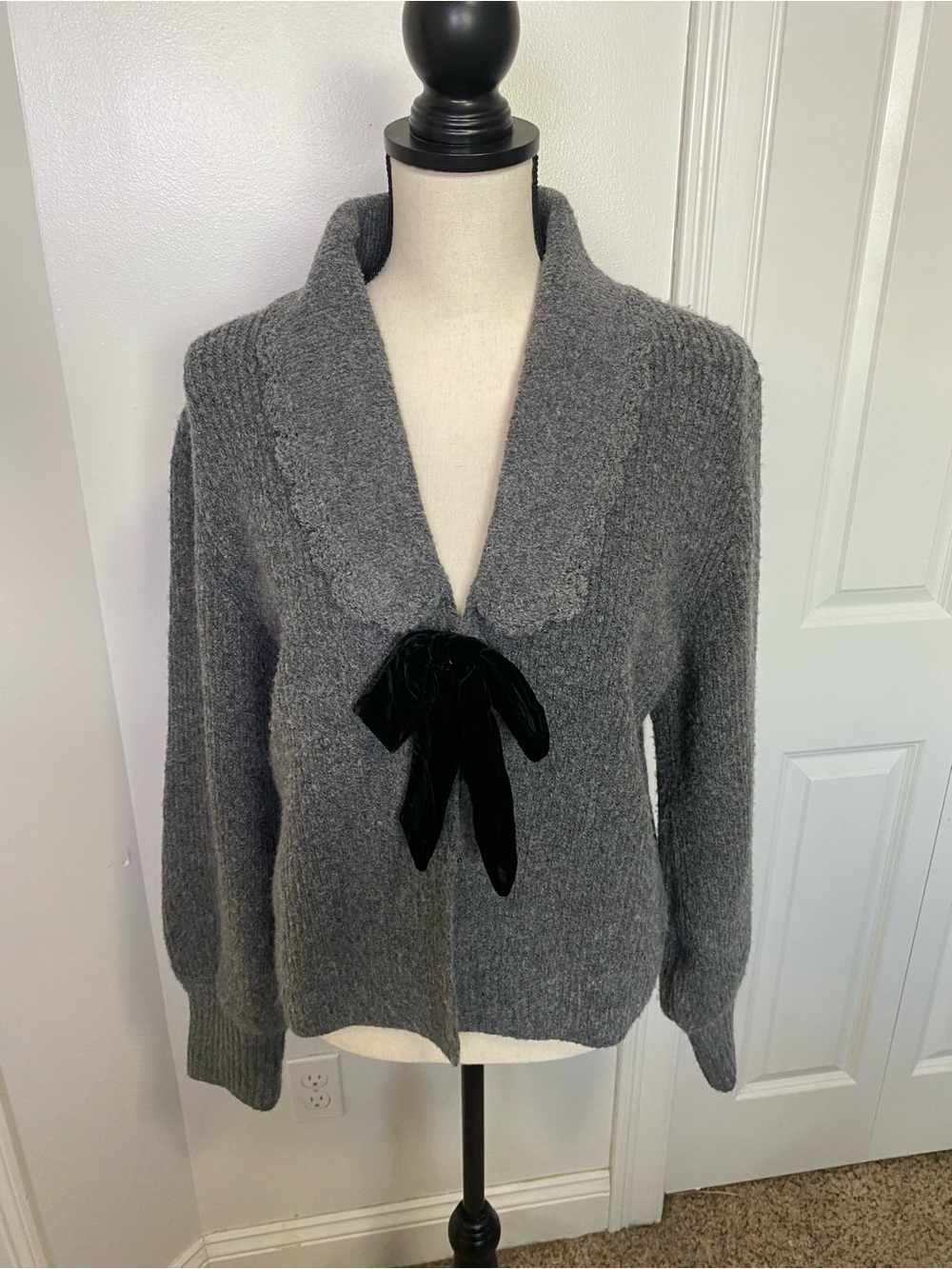 Wayf Charcoal Gray Shawl Collar Sweater with Black Velvet Bow Accent